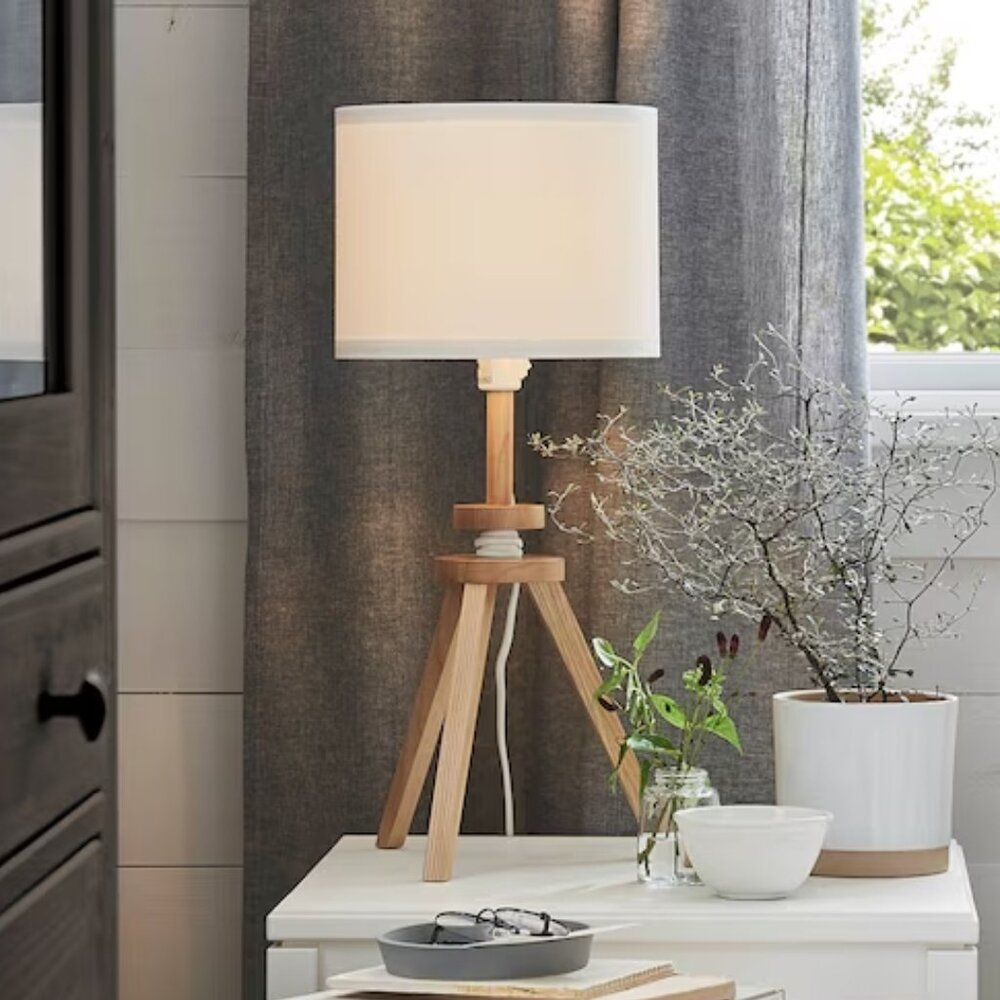 Brand New Beautiful Real Solid Wood Table Lamp, IKEA White Canvas Lamp Decor